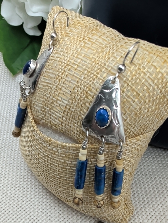 Hand Crafted Jewelry - Vintage Sterling 925 Lapis Southwestern Fringe Long Drop Earrings Boho 1990s